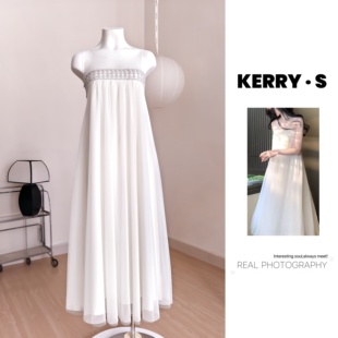 冰涧 春季纯欲网纱钉珠气质初恋无袖白色连衣裙大摆裙子韩系穿搭