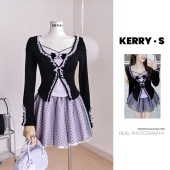 半身裙套装 纯欲风甜美蕾丝拼接假两件气质显瘦上衣 春季 黑巧莓酱