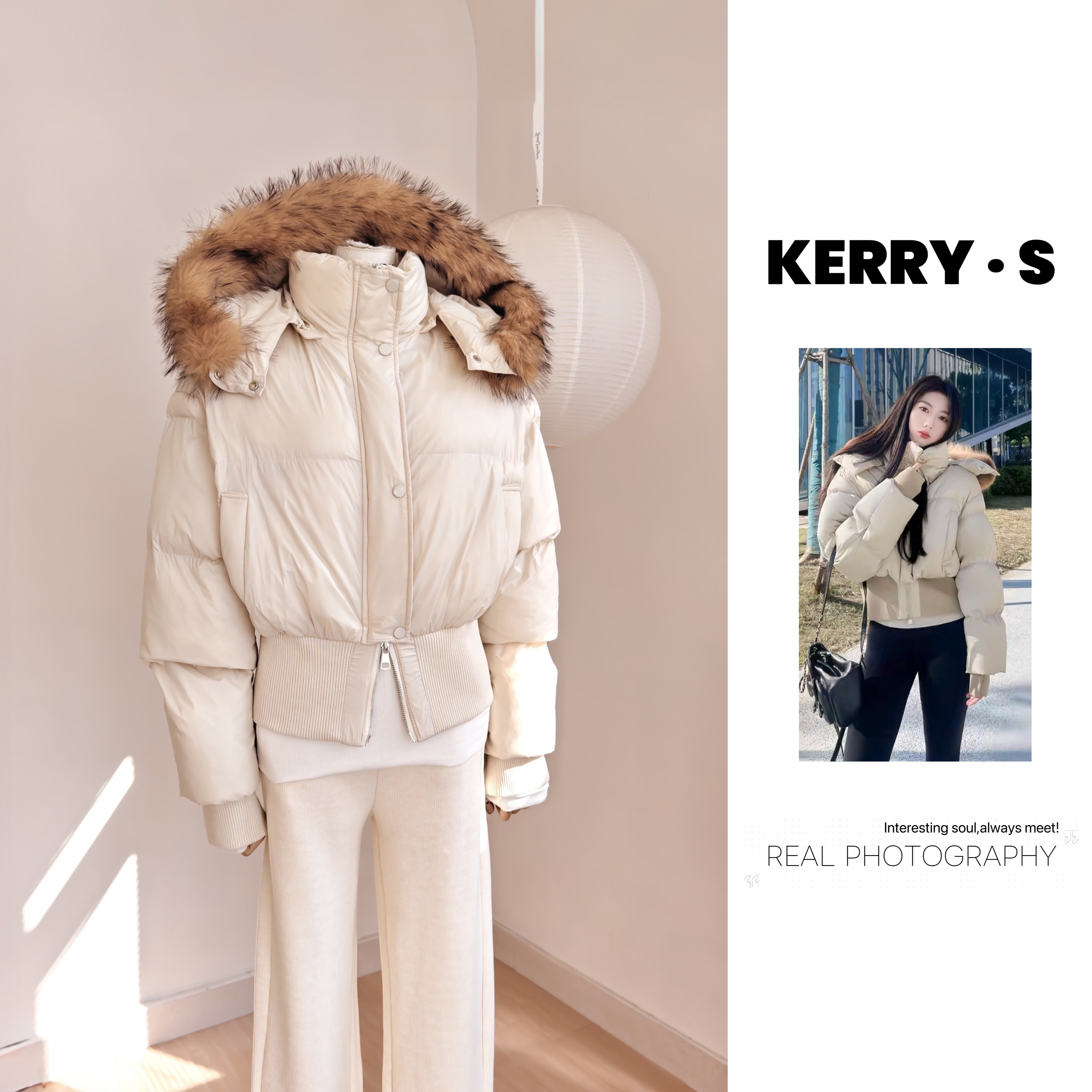 京都落雪 法式复古设计感连帽毛领短款棉服女收腰面包服外套冬季