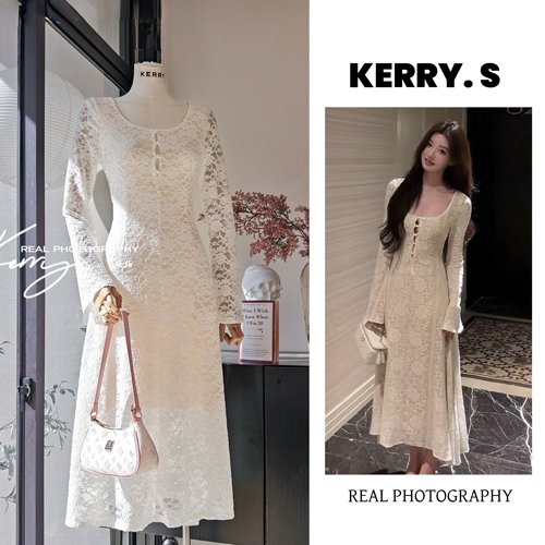 悸动的时光蕾丝长袖白色连衣裙