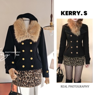 涩谷辣妹御姐穿搭双排扣显瘦毛领外套豹纹短裙子姐系贵感套装 两件