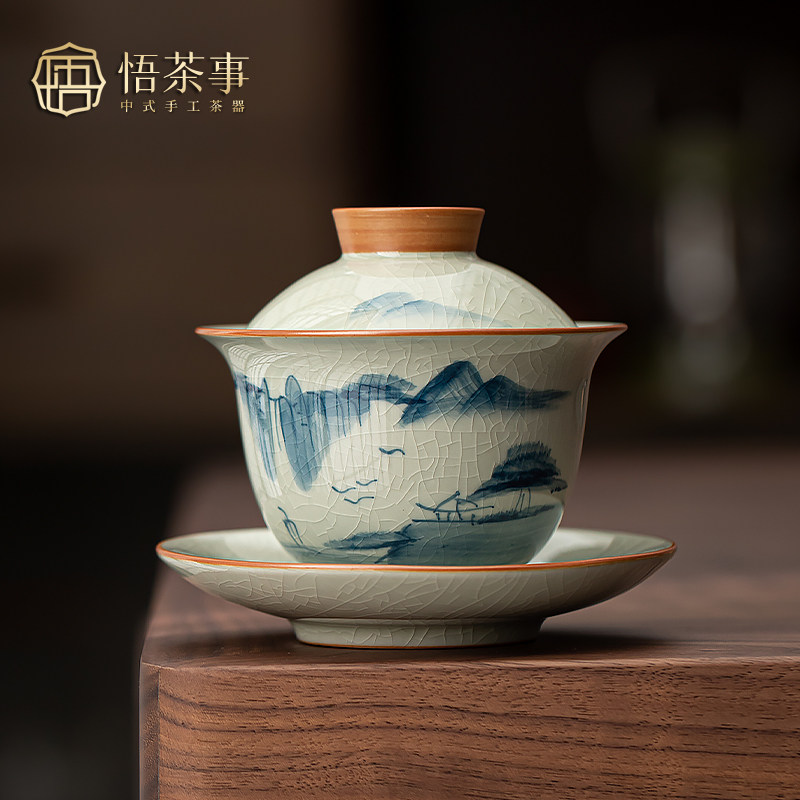 悟茶事哥窑手绘三才盖碗茶杯釉下彩青花功夫茶具单个不烫手泡茶碗
