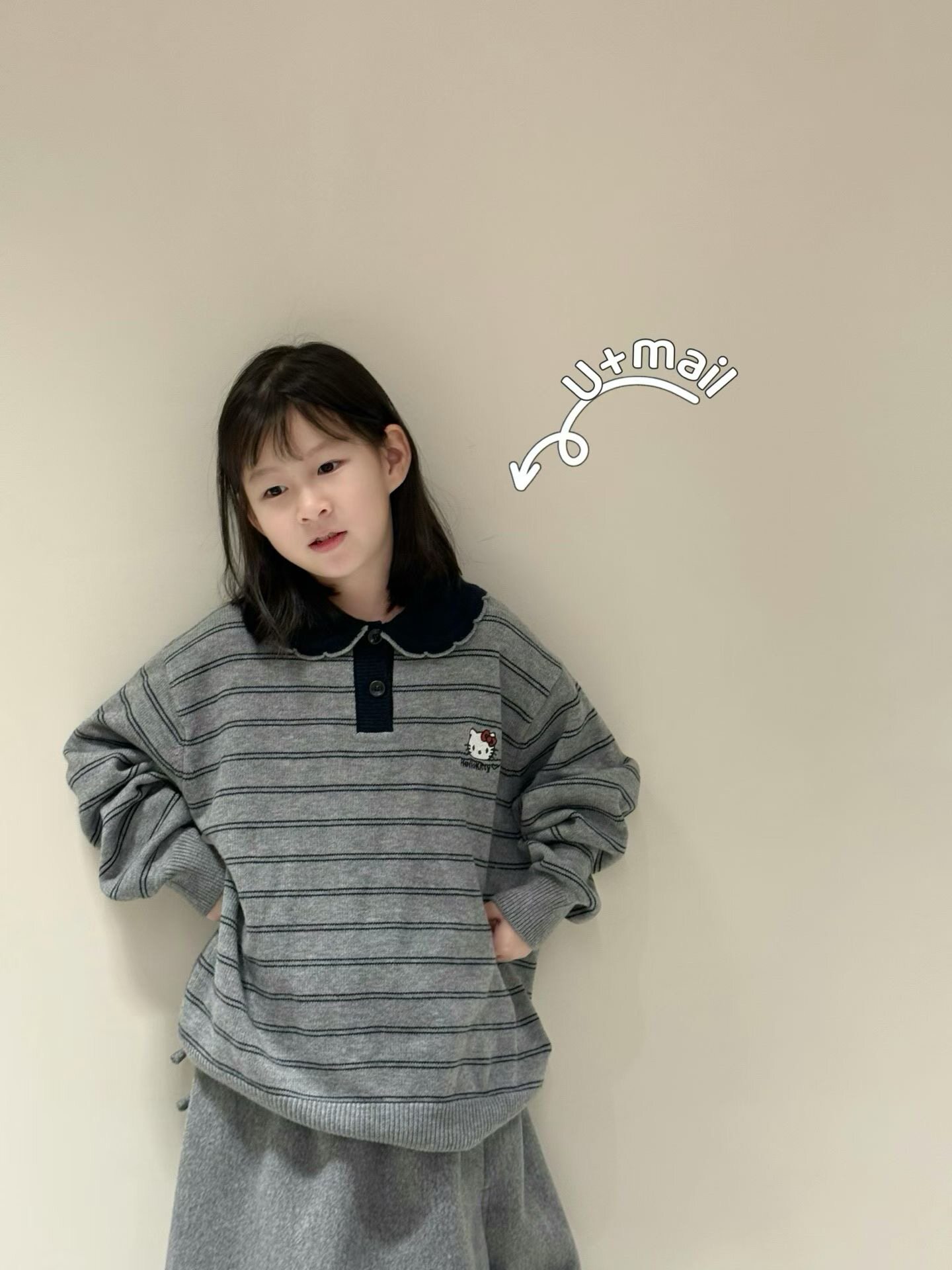 2A毛衣Umail3596冬2070灰毛衣女孩条纹翻领针织衫儿童卡通Polo领