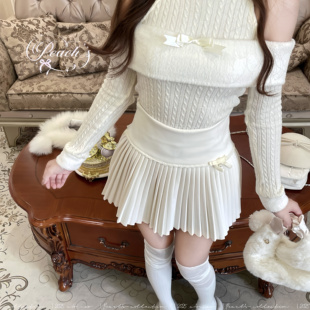 娇娇心动 日系纯欲露肩上衣拼接收腰早春内搭针织上衣 Peach