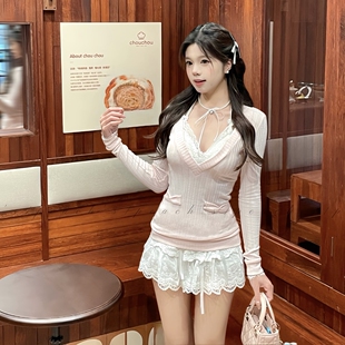 Peach 奈奈日记 原创古早甜妹V领上衣日系纯欲少女芭蕾风套装