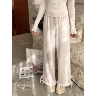 Peach's/软软糯米裤 奶油粉直筒长裤早春磨毛休闲百搭舒适花边