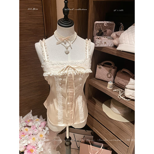 Peach's/Doll系典藏 古早杏粉缎面蕾丝吊带日系感甜美收腰上衣
