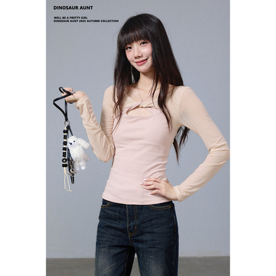 DINOSAUR AUNT恐龙阿姨粉色法式扭结针织拼接上衣
