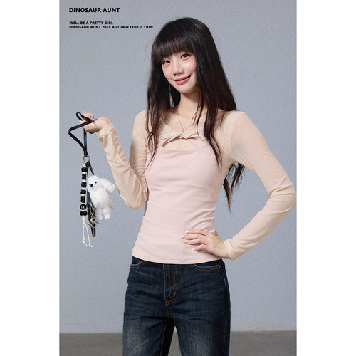 DINOSAUR AUNT恐龙阿姨粉色法式扭结针织拼接上衣