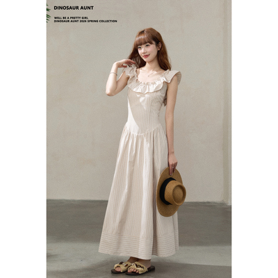 DINOSAUR AUNT恐龙阿姨 甜美风飞袖一字肩荷叶边条纹连衣裙女