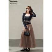 浪漫优雅方领针织弹力拼接网纱连衣裙 法式 DINOSAUR AUNT恐龙阿姨