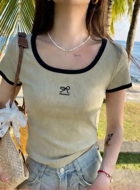 TFK韩系撞色U领短袖T恤女蝴蝶结刺绣修身显瘦百搭上衣 35100