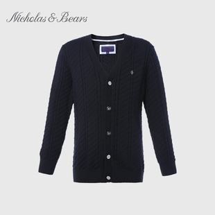 nicholasbears春夏新品童装男童中大童针织开衫黑色毛衣外套VI