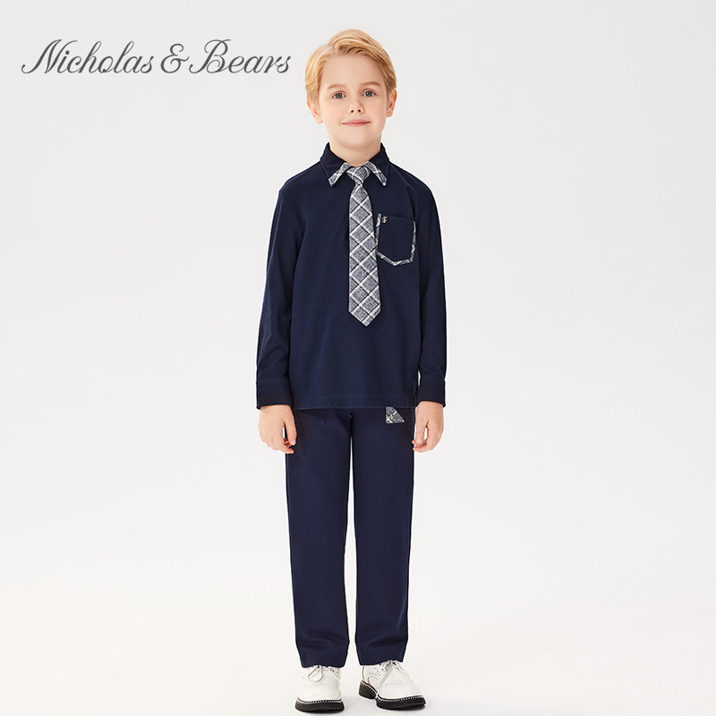 力高芘熊儿童长袖T恤2023新款衬衫设计男童领带绅士学院风春秋装