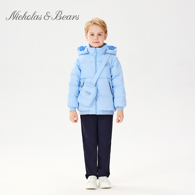 力高芘熊2023年秋冬新款男童短款羽绒服保暖棉服外套配斜挎包