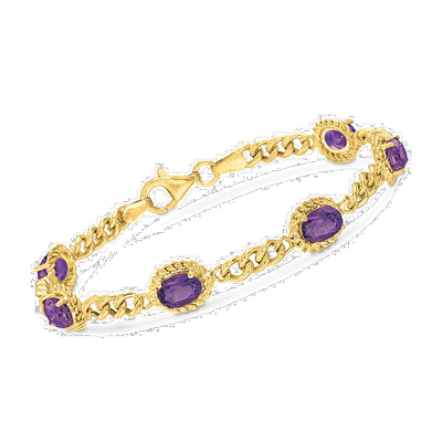 自营Ross-Simons 18kt 纯银紫水晶链式手链 - 7 英寸 美国奥莱直