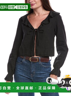 自营 Nation LTD卡米拉褶边领带前亚麻上衣-黑色 美国奥莱直发