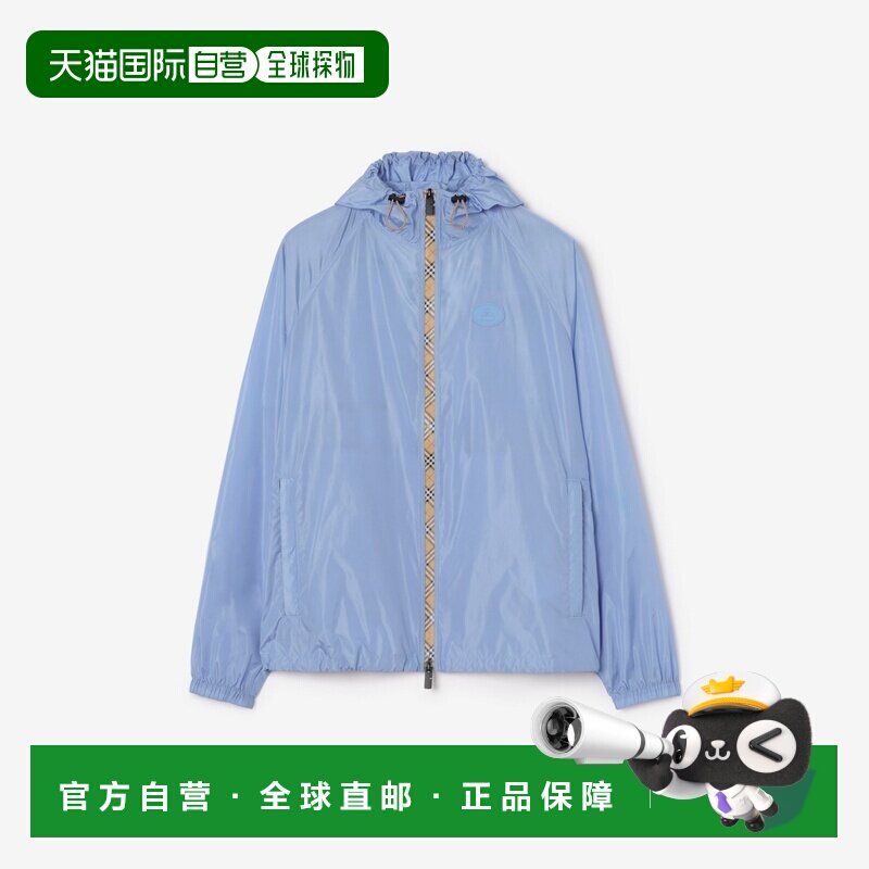 自营欧洲直邮Burberry博柏利 女士矢车菊蓝色尼龙格纹条纹连帽夹