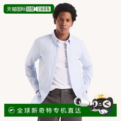 自营Nautica男式修身抗皱条纹衬衫-淡蓝色15-4030 【美国奥莱】直