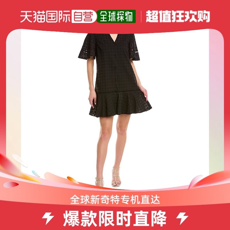 Pearl by Lela Rose 圆点荷叶边下摆迷你早秋新款连衣裙 黑色 【