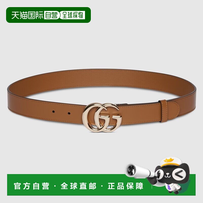 自营欧洲直邮Gucci/古驰 Marmont系列女士棕色牛皮革双G扣腰带
