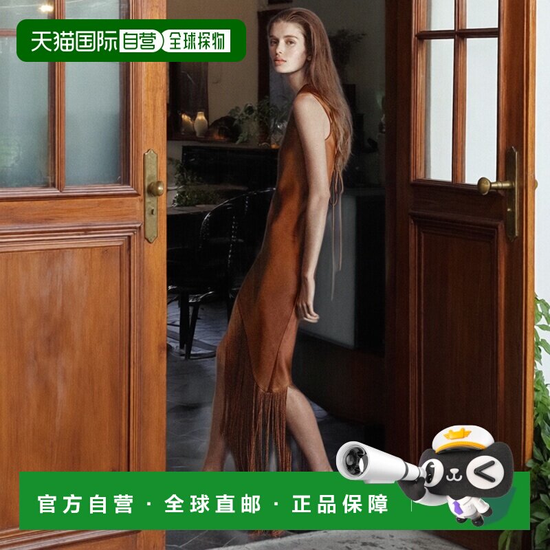 自营欧洲直邮Mango芒果 女士棕色不对称缎面流苏连衣裙性感图片
