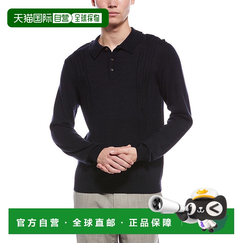自营Bruno Magli Cable Front Merino Wool Polo Sweater - navy
