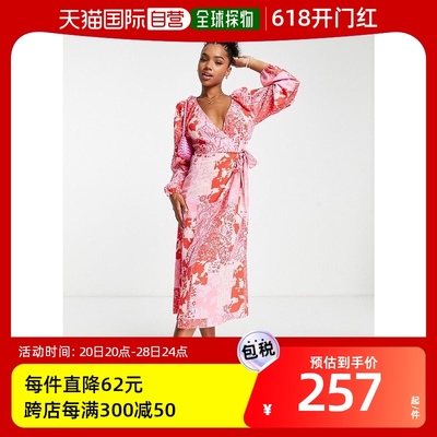 香港直邮潮奢 ASOS 女士设计裹式束带淡紫色红色拼布印花中长连衣