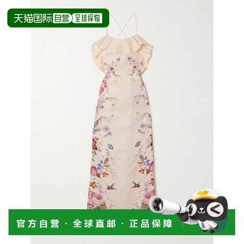1h可退 香港直邮ZIMMERMANN 女士 Patience 荷叶边印花亚麻中长连