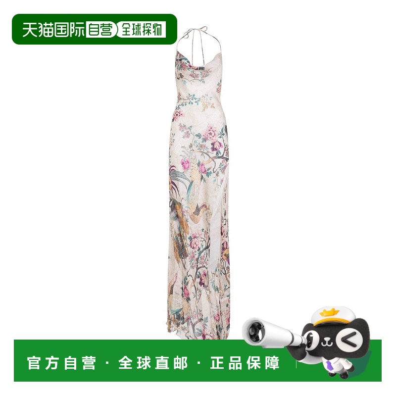 自营roberto cavalli米色丝绸连衣裙，不对称下摆-中性 美国奥莱