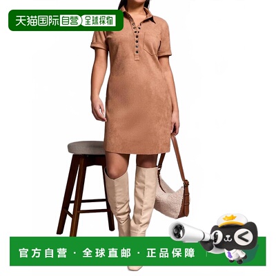 自营tribalFaux Suede Short Sleeve Polo Mini Dress In Almond