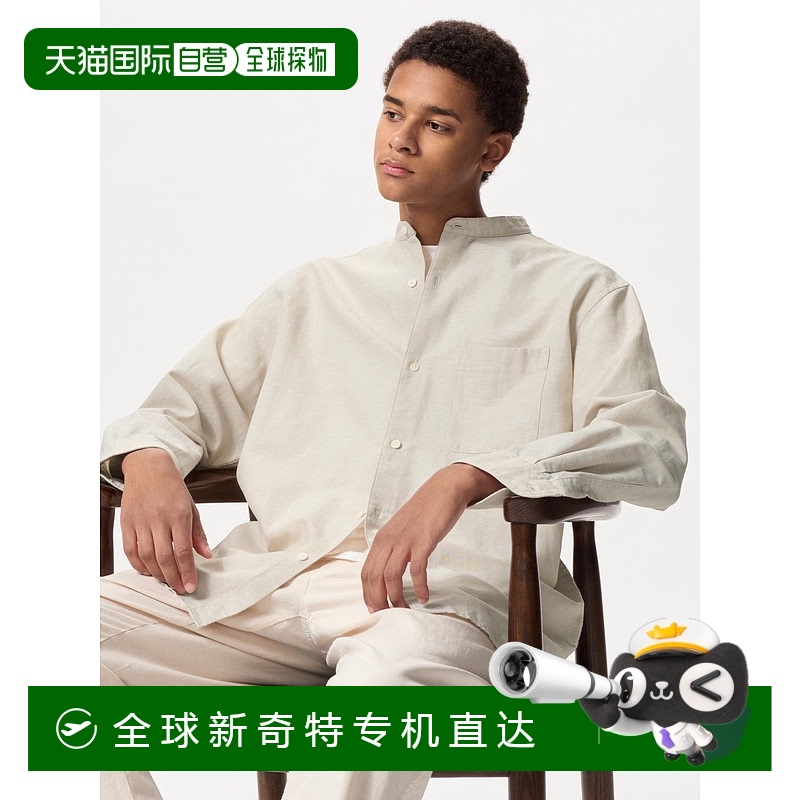 日潮跑腿UNIQLO优衣库男女同款棉麻立领长袖衬衫31BEIGEXS47经典