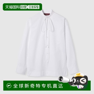 絲帶長袖 歐洲直郵Gucci 女士白色棉府綢雙G刺繡自系式 襯衫 古馳