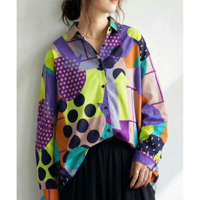 1h可退 日本直邮antiqua女装几何图案宽松长袖衬衫 ANS00001