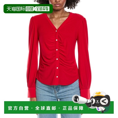 自营CeCe V-Neck Button Down Shirred Blouse - red 美国奥莱直