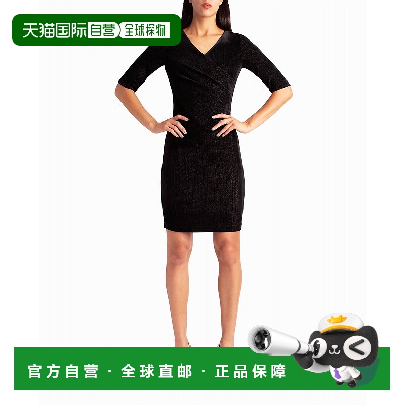 自营 nicole miller黑色和银色箔天鹅绒短袖 Lauren 连衣裙 - 黑