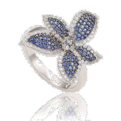 自营Suzy Levian 纯银蓝色蓝宝石和白色蓝宝石花朵戒指 - 蓝色