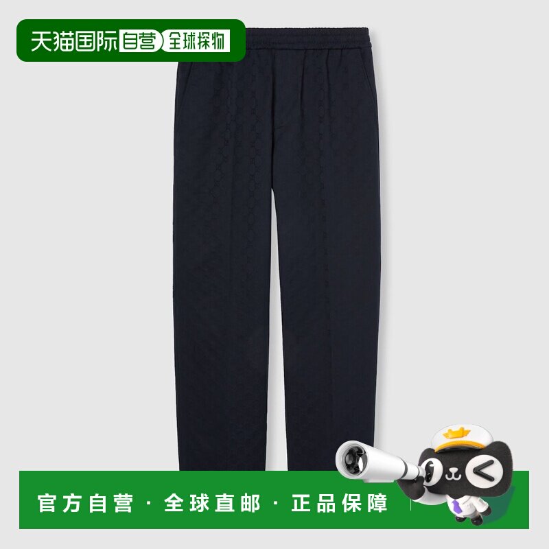 自营欧洲直邮Gucci/古驰 男士深蓝色棉布华达呢双G松紧腰头直筒长