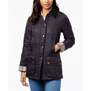 美国直邮Barbour女士短外套格子装饰深蓝色春秋款保暖翻领按扣