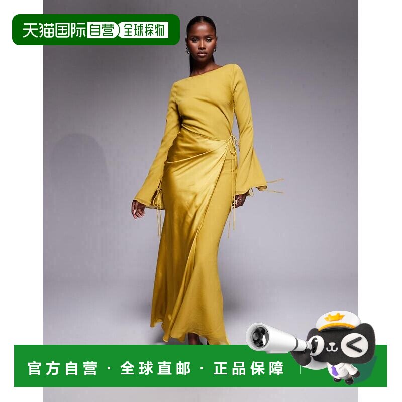 1h可退 香港直邮ASOS 女士 dress 设计雪纺长袖一字领长款缎面裹(