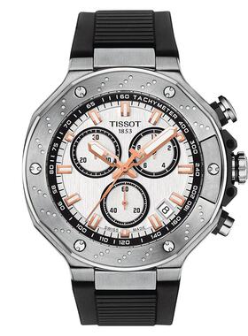 TISSOT/天梭 男银色玫瑰金不锈钢表盘黑色硅酮表带腕表45mm