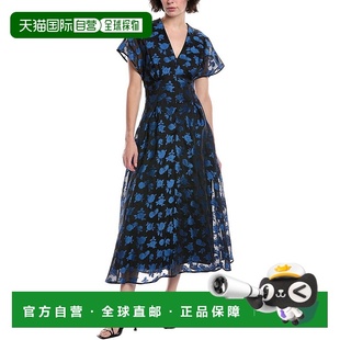 蓝色 roseLela玫瑰花提花丝绸混纺迷笛连衣裙 美国奥莱 lela 自营