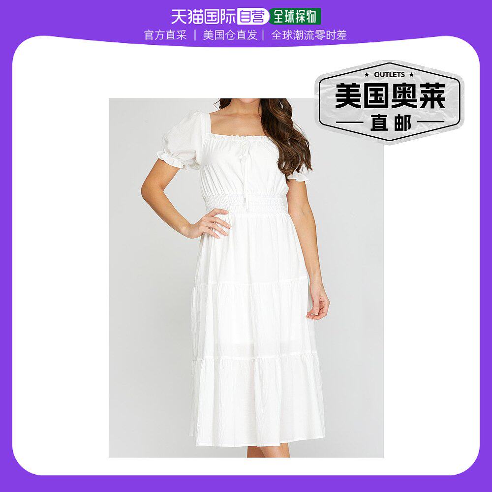 she + sky白色合身纯色中长早秋新款连衣裙 白色 【美国奥莱】直
