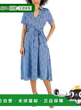 自营 Tahari ASL Midi衬衫连衣裙女式蓝色印花短袖领带腰FTS1361-