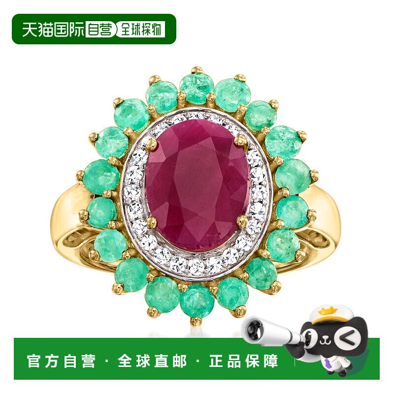 自营 Ross-Simons 红宝石戒指配祖母绿和 . 14kt 黄金钻石 - 红色 - 实物图