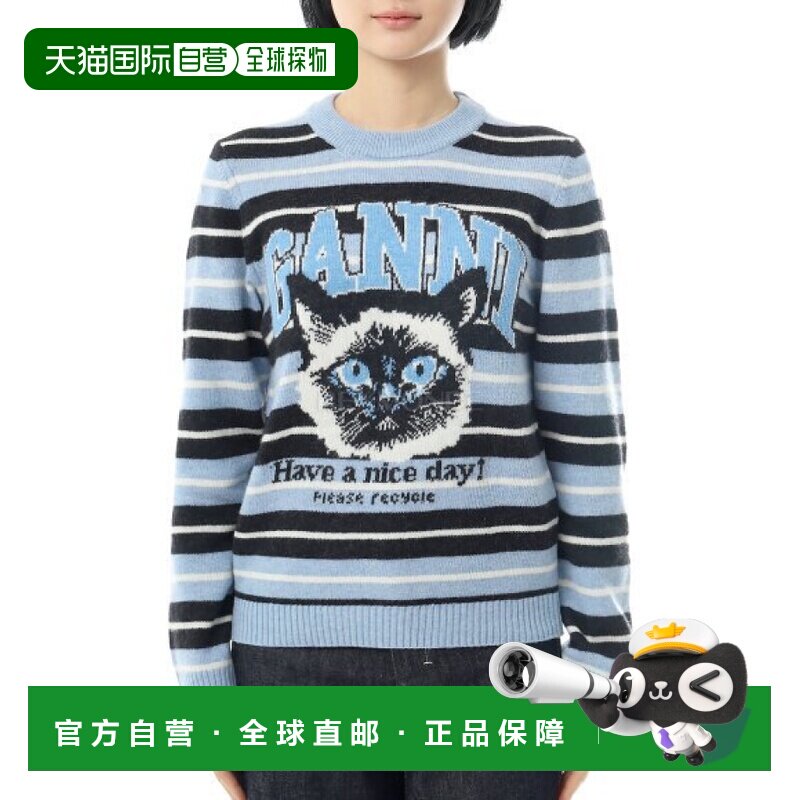 韩国直邮GANNI 蓝色猫咪图案毛衣（A1070266 326） 圆领针织衫