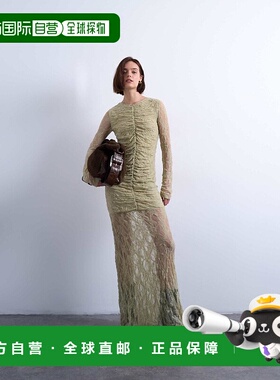 1h可退 香港直邮潮奢 Topshop 女士 蕾丝正面褶皱低腰绿色长款连