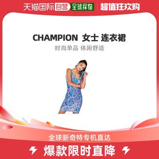 Champion冠军女士运动服蓝色印花连衣裙亲肤修身 弹力吊带