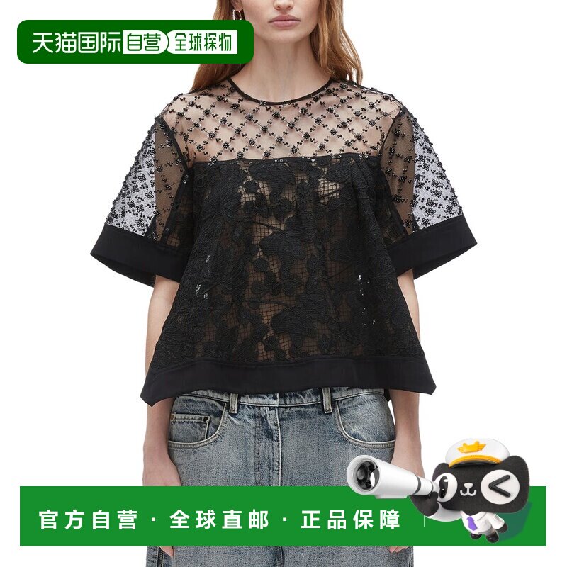 自营3.1 Phillip Lim系带蕾丝欧根纱短袖荷花上衣-黑色 美国奥莱