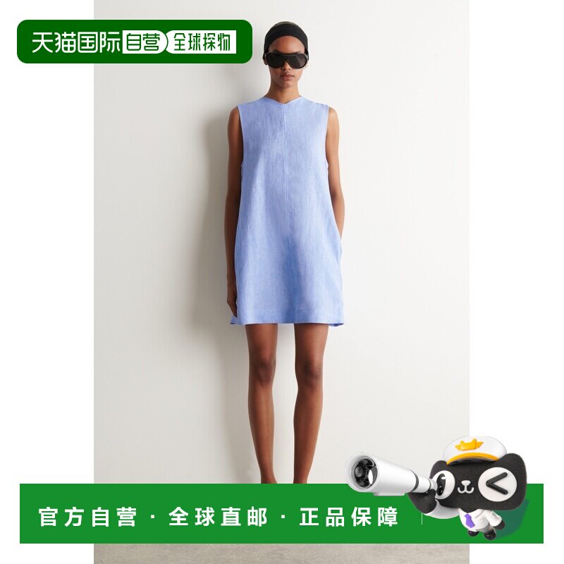 自营欧洲直邮COS 女士天蓝色亚麻V领露背短款连衣裙吊带图片